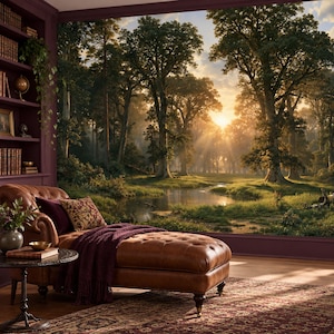 May include: A brown leather tufted chaise lounge with a dark purple throw blanket and pillow, positioned in front of a large wall mural depicting a sunlit forest landscape with a stream, next to a dark wood bookshelf and a small round side table.