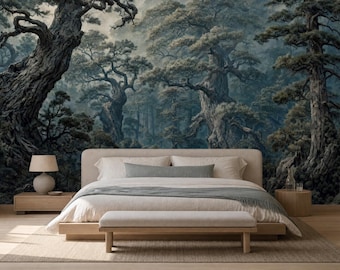 Dark Forest Wallpaper Mural, Gnarled Pine Trees in Charcoal and Smoky Teal