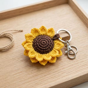 Op de afbeelding: Een gehaakte zonnebloem sleutelhanger met een donkerbruin centrum en felgele bloemblaadjes. De bloem is bevestigd aan een zilverkleurige metalen ring en een karabijnhaak. Links ligt een opgerold stukje dun, natuurkleurig touw.