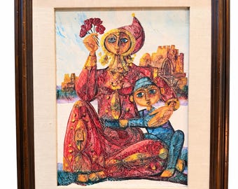 Yossi Stern A Flower in Jerusalem Original Oil Painting Signed Israeli Judaica Mother Child Jerusalem 1960s Vintage Framed Art