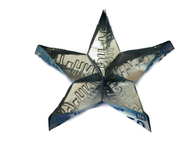 4th of July Decoration License Plate Star Blue and White Star,Minnesota Barn Star,Reclaimed Metal Art,Indoor Outdoor,3 Dimensional Star image 4