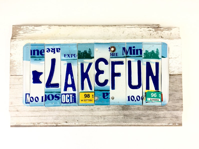 License Plate Sign Lake Fun Sign Minnesota Lake Fun Blue and White Sign Reclaimed Wood Sign Reclaimed Metal Sign Lake Cabin Sign image 2