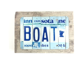 License Plate Sign - Boat Minnesota - MN Summer Cabin Sign - Blue and White Sign - Rustic Reclaimed Wood Sign - Bar Sign - Mancave Sign