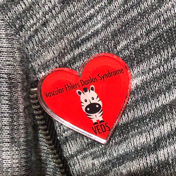 VEDS Zebra Pin, Vascular Ehlers Danlos Syndrome, VEDS Awareness Heart Pin, Eds Acrylic Pin, Eds Zebra Art Pin,Chronic Illness Awareness Gift