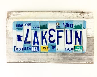 License Plate Sign - Lake Fun Sign - Minnesota Lake Fun - Blue and White Sign - Reclaimed Wood Sign - Reclaimed Metal Sign - Lake Cabin Sign