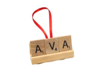 CUSTOM Scrabble Ornament, Childs Name Ornament, Family Name Gift, Pets Name Ornament, Remembrance Decor, Personalize Ornament, Upcycled Xmas