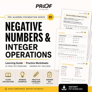 May include: A white educational document titled Negative Numbers & Integer Operations from the Pre-Algebra Foundation Series by Proof Studios. It includes learning guides, 23 practice problems, an answer key, and number line diagrams.
