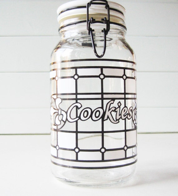 Vintage Glass Cookie Jar Retro Black and White Canister Jar Etsy