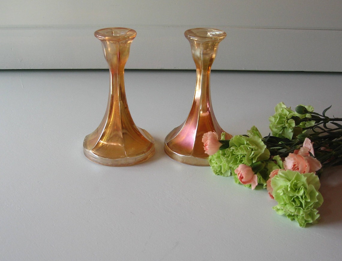 Carnival Glass Candlesticks Candle Holders iridescent Etsy