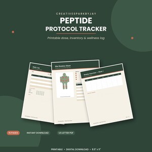 May include: A printable Peptide Protocol Tracker digital download featuring three pages: a Daily Log, a Site Rotation Sheet with a human figure diagram, and a Weekly Overview. The documents are US Letter size, 21.59 cm by 27.94 cm, in dark green.