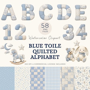 Può includere: Una collezione digitale di lettere e numeri trapuntati in stile toile blu, con illustrazioni ad acquerello di un cavallo a dondolo, un orsacchiotto e un coniglio. Include 58 file PNG, motivi e il testo BLUE TOILE QUILTED ALPHABET.