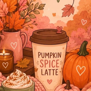 以下が含まれることがあります： PUMPKIN SPICE LATTEと書かれたコーヒーカップ、ホイップクリーム入りの緑のマグカップ、秋の葉が入ったピンクのピッチャー、2つのカボチャ、キャンドル、COZY DAYS WARM HEARTSと書かれた看板が描かれた秋の背景のイラスト。