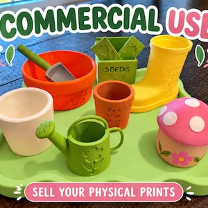 May include: A set of toy gardening items on a light green tray, including an orange bowl with a grey shovel, a green seed box, a yellow boot, a white pot, a small orange pot labeled Plant Grow Bloom, a green watering can, and a pink mushroom.