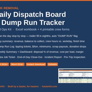 Junk Removal Dispatch Board & Dump Run Tracker, Excel Daily Job Scheduler, Disposal Cost Log