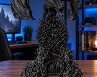 Dragon Throne Statue, Medieval Fantasy Sculpture, 3D Printed Dragon Figurine, Gothic Castle Decor, Fantasy Gift for Collector