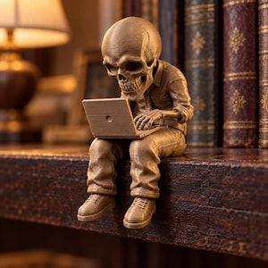 May include: A tan-colored figurine of a skeleton wearing a collared shirt, pants, and shoes, sitting while typing on a small laptop. The figure has a textured surface and is depicted in a seated position with legs dangling over the edge of a surface.