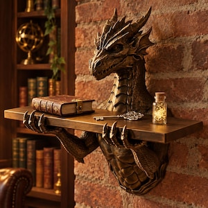 May include: A wall-mounted shelf supported by a bronze-colored dragon sculpture. The dragon's clawed hands hold the flat wooden shelf. On the shelf sits a small leather-bound book, a metal skeleton key, and a tiny glass jar with fairy lights.