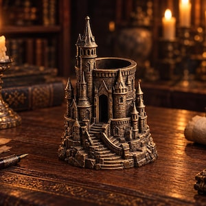 May include: A bronze-colored desk organizer shaped like a miniature castle with multiple towers, a central arched doorway, and stone-textured stairs leading up to a hollow cylindrical opening at the top for holding pens or other small office items.
