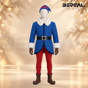 Hermey the Elf Costume: Blue Wool with Faux Fur, Red Tights, Christmas Cosplay