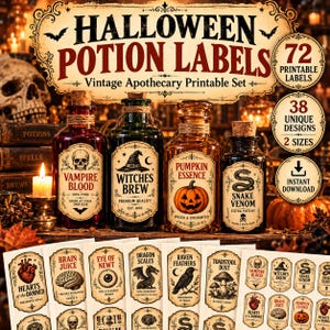 May include: A set of 72 printable Halloween potion labels featuring vintage apothecary designs. The collection includes 38 unique graphics like Vampire Blood, Witches Brew, Pumpkin Essence, and Snake Venom, displayed on glass bottles.