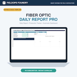 May include: An editable Excel template titled Fiber Optic Daily Report Pro by Fieldops Foundry. The digital interface displays a production dashboard with columns for KPI, value, work type, and footage, alongside a chart for production by work type.