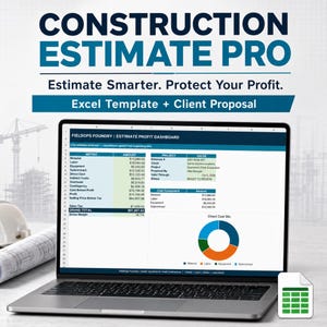May include: A laptop screen displaying the Construction Estimate Pro Excel template and client proposal. The dashboard shows a FieldOps Foundry estimate profit table with metrics, project values, and a colorful pie chart for direct cost mix.