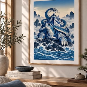 May include: A framed art print featuring a geometric blue and white turtle with a snake coiled around a mountain-like shell, set against a backdrop of misty mountains and ocean waves. The text KanameRelic Print Only Frame Not Included is visible.