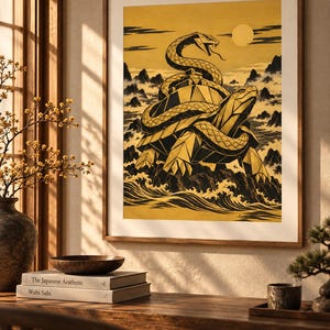 May include: A framed wall art print featuring a geometric illustration of a snake coiled around a turtle on a rocky shore with waves, mountains, and a sun in the background. The artwork uses a gold and black color palette with clean lines.