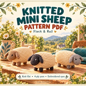 May include: A digital pattern PDF titled KNITTED MINI SHEEP PATTERN PDF Flock & Roll featuring three small knitted sheep toys with cream bodies and brown, black, or gray heads. The text includes Knit flat, 4-ply yarn, Embroidered eyes.