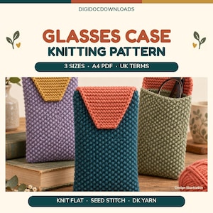 May include: A knitting pattern for a glasses case titled DIGIDOCDOWNLOADS GLASSES CASE KNITTING PATTERN. The image shows three knitted cases in purple, teal, and green with contrasting flaps, using seed stitch and DK yarn.