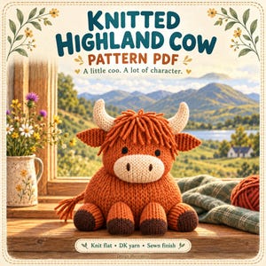 May include: A knitted Highland cow toy with orange yarn, cream-colored muzzle, and dark brown hooves. The text reads: KNITTED HIGHLAND COW PATTERN PDF, A little coo. A lot of character., Knit flat, DK yarn, Sewn finish, Design illustration.