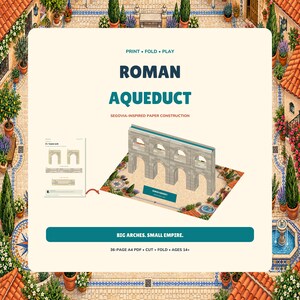 Printbaar knip- en vouwmodel van een Romeins aquaduct, geïnspireerd op Segovia, papieren modelbouwset, geschiedenisactiviteit, pleinbord, 36 pagina's tellend A4-pdf-bestand