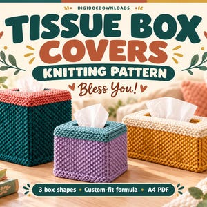 Tissue Box Cover Knitting Pattern, 3 Box Shapes with Custom Fit Formula, DK Yarn, Bless You A4 PDF