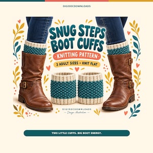 Può includere: Un modello di maglia per Snug Steps Boot Cuffs con il testo Snug Steps Boot Cuffs, Knitting Pattern, 3 Adult Sizes, Knit Flat e Two Little Cuffs. Big Boot Energy. L'immagine mostra due stivali in pelle marrone con polsini color ottanio e crema.
