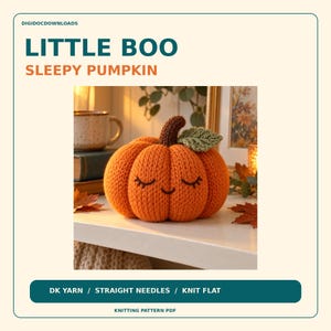Puede incluir: Una calabaza tejida de color naranja con un tallo marrón y una hoja verde. La calabaza presenta ojos cerrados bordados y una pequeña sonrisa. El texto dice: DIGIDOCDOWNLOADS LITTLE BOO SLEEPY PUMPKIN DK YARN STRAIGHT NEEDLES KNIT FLAT KNITTING PATTERN PDF.