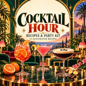 Könnte beinhalten: Ein Cocktail Hour Rezepte & Party-Set mit 12 illustrierten Rezepten. Das Bild zeigt drei verschiedene Cocktails in Stielgläsern auf einem Tisch, begleitet von frischen Orangen und Ingwerwurzel, vor einem lebendigen, illustrierten Hintergrund.