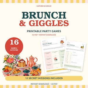 May include: A digital printable party game set titled Brunch & Giggles featuring 16 games and activities including Brunch Bingo and Menu Mayhem. The design includes illustrations of pancakes, croissants, a teapot, and flowers on a cream background.