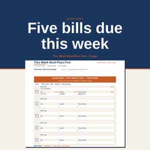 This Week Must-Pays Five Printable | Bills Due While on Nights | Undated US Letter PDF