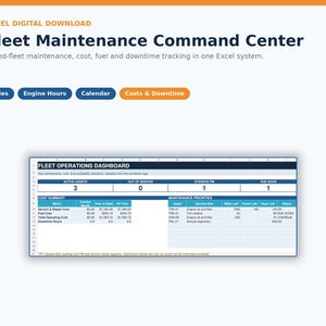 May include: An Excel digital download titled Fleet Maintenance Command Centre for tracking mixed-fleet maintenance, cost, fuel, and downtime. The interface includes tabs for Miles, Engine Hours, Calendar, and Costs & Downtime with a dashboard view.