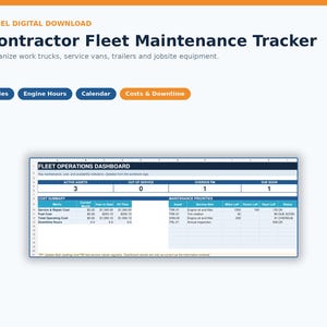 Pode incluir: Um download digital em Excel intitulado Contractor Fleet Maintenance Tracker. A interface apresenta botões para Miles, Engine Hours, Calendar e Costs & Downtime, juntamente com uma planilha Fleet Operations Dashboard exibindo métricas de ativos.
