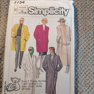 Vintage 1986 Simplicity 7754 Oversized Coat Pattern Wool Trench Duster Trenchcoat Double Breasted Jacket Size 10 12 14