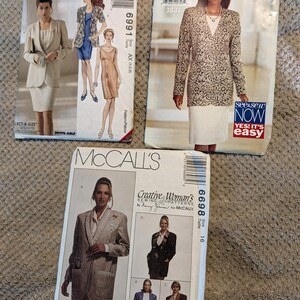 May include: Three McCall's sewing pattern envelopes featuring illustrations of blazers, skirts, and dresses. The envelopes display model photos, pattern numbers 6991, 3831, and 6698, and text including See & Sew Now and Creative Woman's Sewing Patterns.