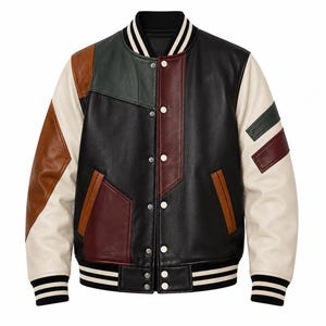 Puede incluir: Una chaqueta tipo varsity con paneles de cuero en colores negro, crema, burdeos, verde oscuro y marrón claro. La chaqueta cuenta con cierre frontal de botones a presión, dos bolsillos laterales y puños y dobladillo de punto acanalado con rayas blancas y negras.