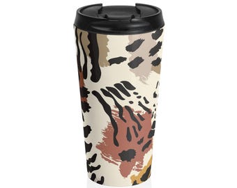 Abstract Leopard Print Stainless Steel Travel Mug | Neutral Animal Spot Pattern