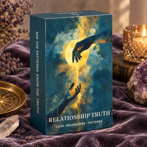 May include: A rectangular deck box titled Relationship Truth: Love, Boundaries, Patterns. The front features an illustration of two hands reaching toward a glowing yellow moon against a dark blue sky. The side text reads: See the patterns. Know the truth.