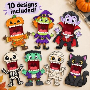 Peut inclure: Un ensemble de 10 découpages en papier sur le thème d'Halloween représentant des personnages de dessins animés, dont une citrouille, une sorcière, un vampire, un squelette, Frankenstein, une momie et un chat noir, avec le texte 10 designs included.