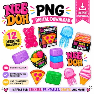 Può includere: Una raccolta di download digitale di 12 design PNG Nee Doh con grafiche colorate di un orsetto gommoso rosa, una scatola di pizza, una medusa blu, sushi, frutta, blocchi impilati, gelato e il logo Nee Doh con il testo 12 DESIGNS INCLUDED.
