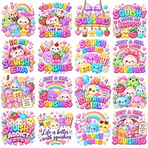 Può includere: Una collezione di sedici colorate illustrazioni digitali con personaggi carini e sorridenti, tra cui tè boba, ravioli, fragole e stelle, con frasi come 'Too Cute Like My Squishies' e 'Squish Squad' in un vivace stile a cartoni animati.