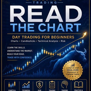 May include: A dark blue educational poster titled READ THE CHART DAY TRADING FOR BEGINNERS by PLANIT TRADING. It features a bull graphic, candlestick charts, and sections on technical analysis, risk management, trading strategies, and psychology.