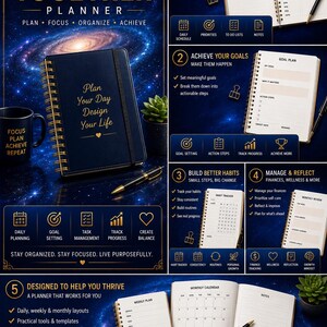 May include: A dark blue spiral-bound planner with gold text reading Plan Your Day Design Your Life. The image displays various interior pages including daily plans, goal trackers, habit trackers, and monthly calendars against a cosmic background.